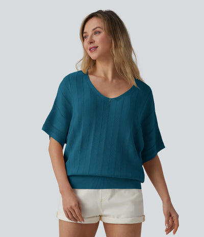 V Neck Short Sleeve Casual Sweater