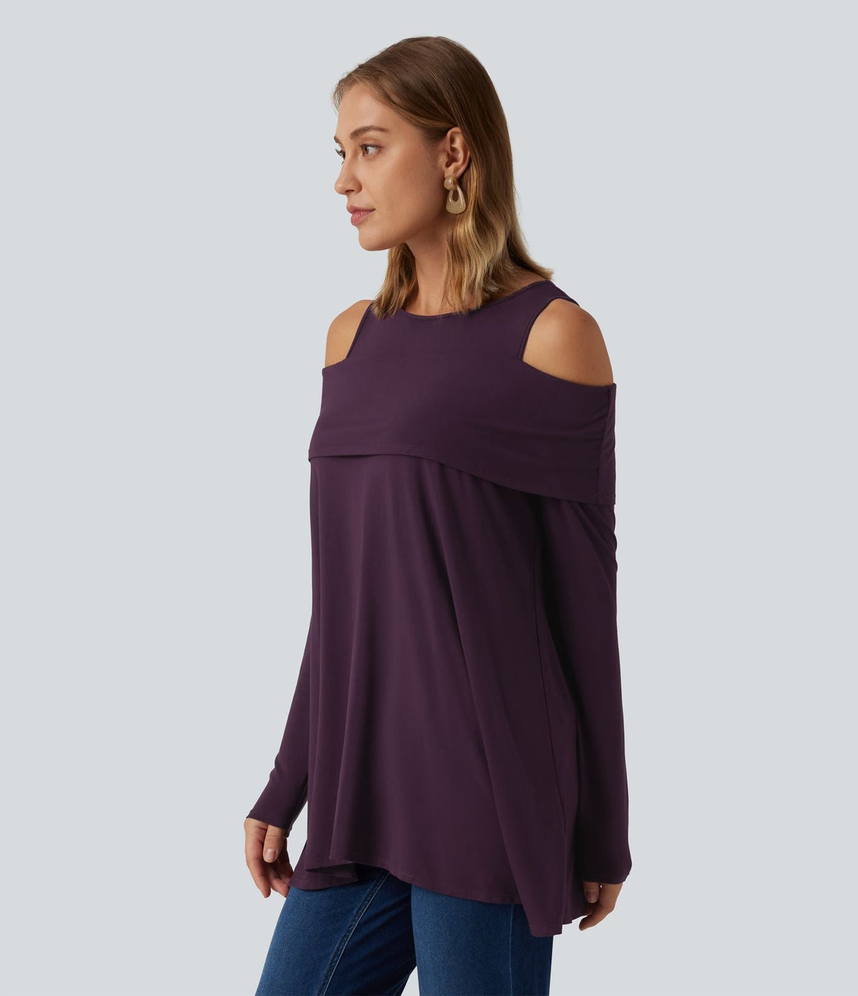 Round Neck Cold Shoulder Long Sleeve Casual Top