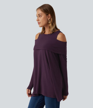 Round Neck Cold Shoulder Long Sleeve Casual Top