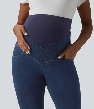 Super High Waisted Flare Maternity Jeans with Pockets