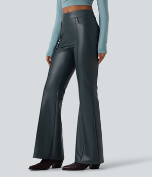 Mid Rise Stretchy PU Fleece Bootcut Pants with Pockets