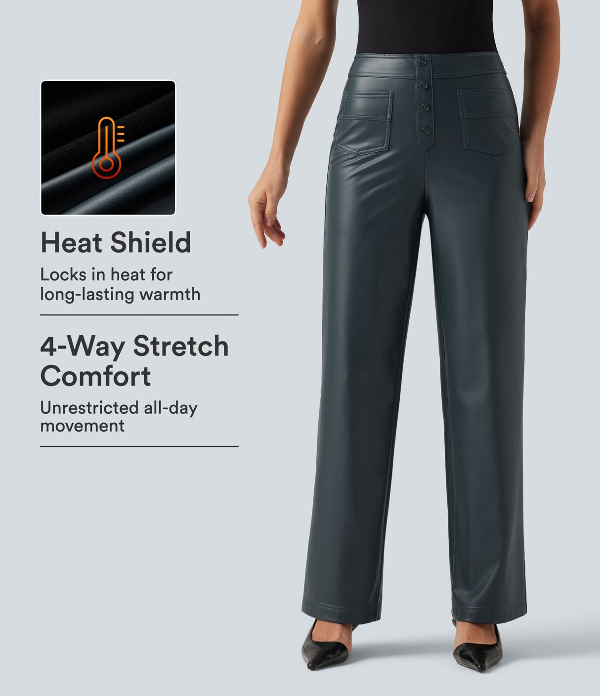 High Waisted PU Fleece Straight Leg Leather Pants