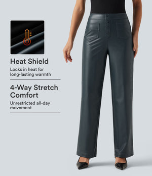 High Waisted PU Fleece Straight Leg Leather Pants