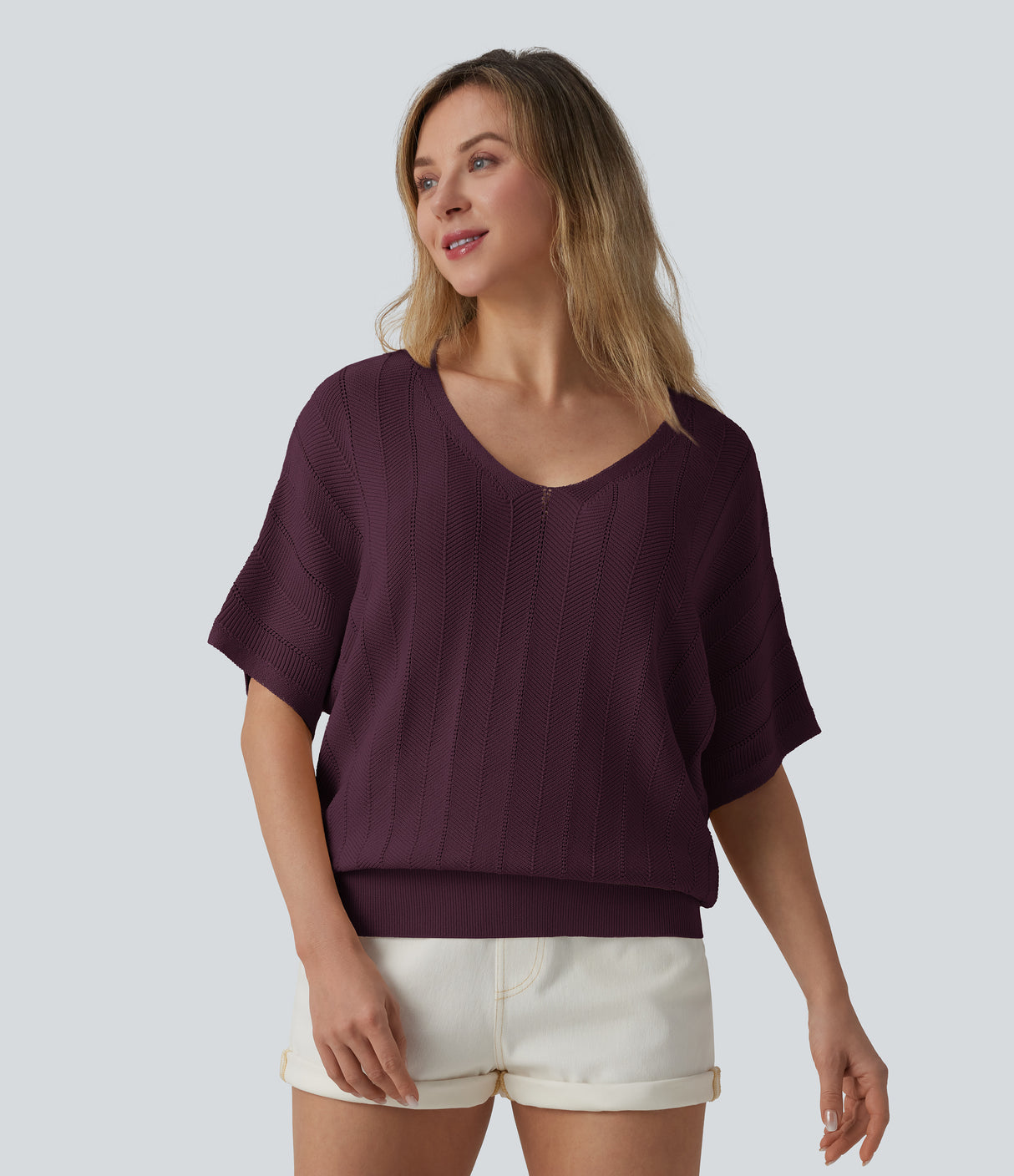 V Neck Short Sleeve Casual Sweater