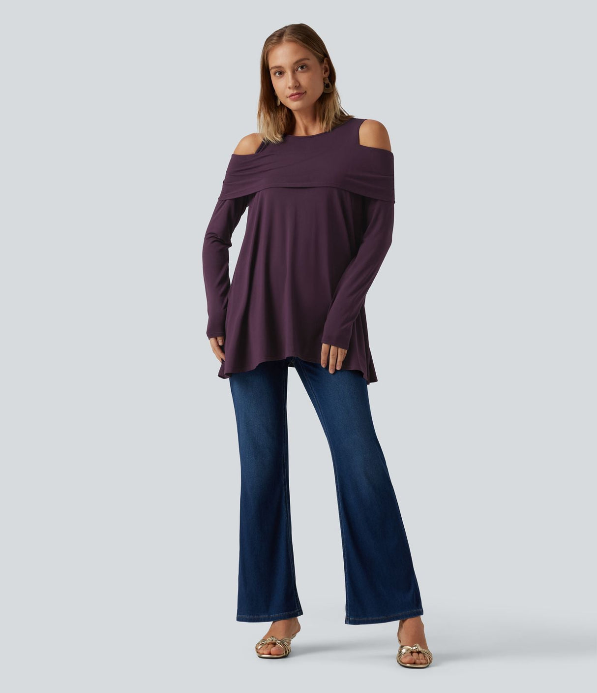 Round Neck Cold Shoulder Long Sleeve Casual Top