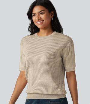 Round Neck Short Sleeve Waffle Casual Sweater