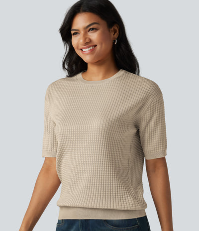 Round Neck Short Sleeve Waffle Casual Sweater