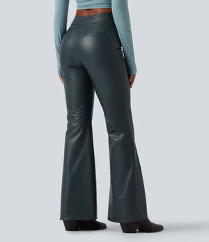 Mid Rise Stretchy PU Fleece Bootcut Pants with Pockets