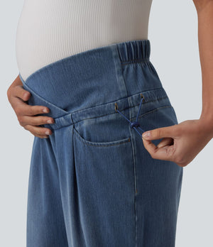 Crossover High Waisted Maternity Baggy Jeans with Pockets