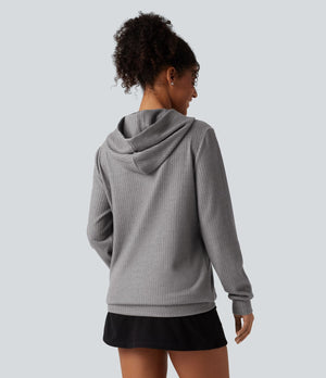 Ribbed Hooded Long Sleeve Casual Sweatshirt with Pocket