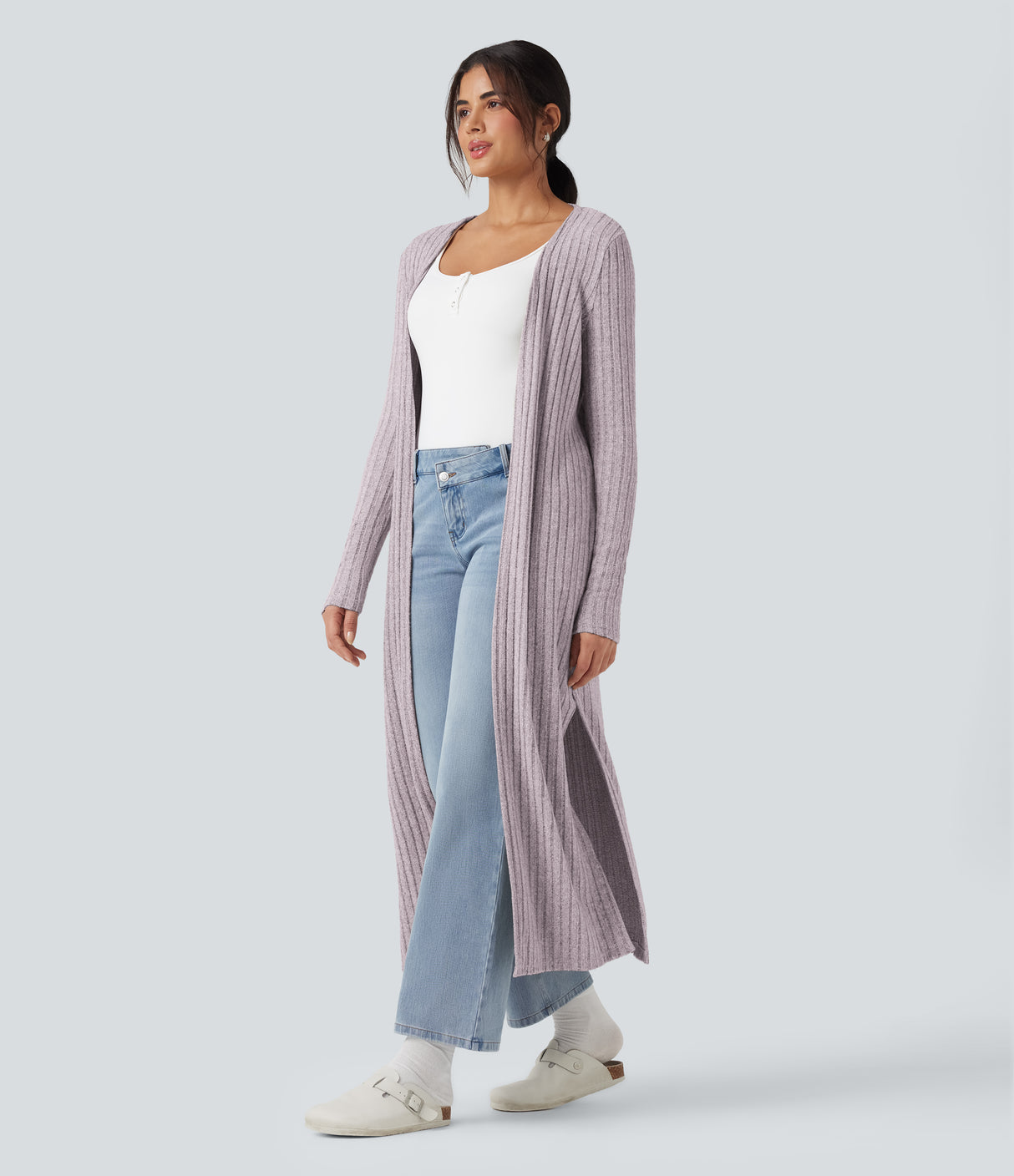 Ribbed Knit Long Sleeve Split Casual Longline Cardigan