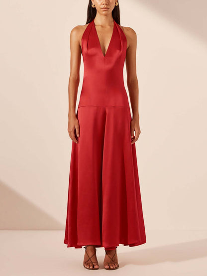 Deep V-Neck Halter Maxi Dress