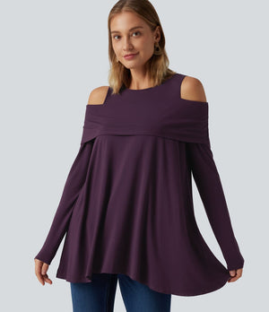 Round Neck Cold Shoulder Long Sleeve Casual Top