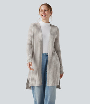 Ribbed Knit Long Sleeve Split Casual Cardigan
