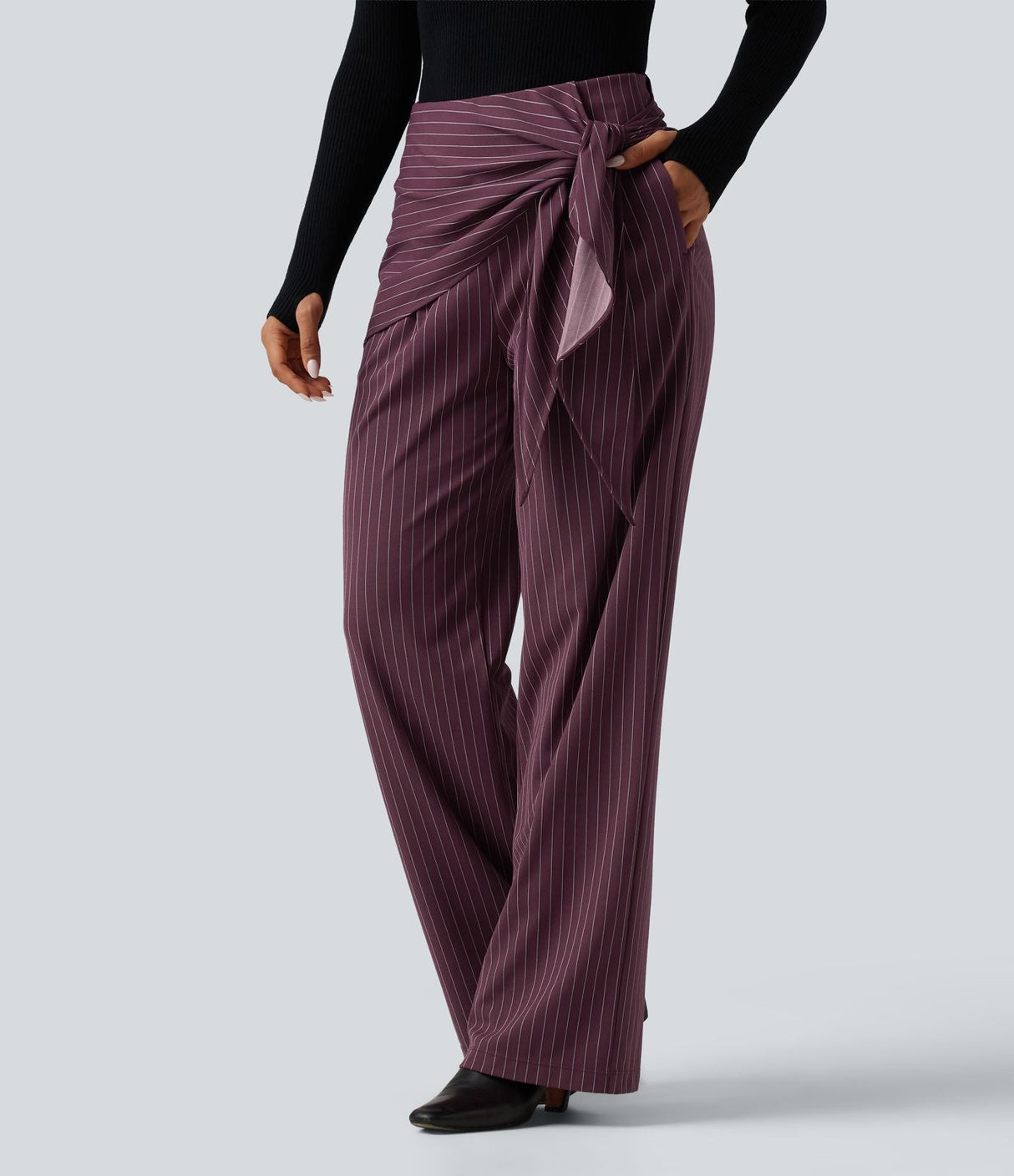 High Waisted Wide Leg Stripe Work Pants with Pockets