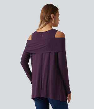 Round Neck Cold Shoulder Long Sleeve Casual Top
