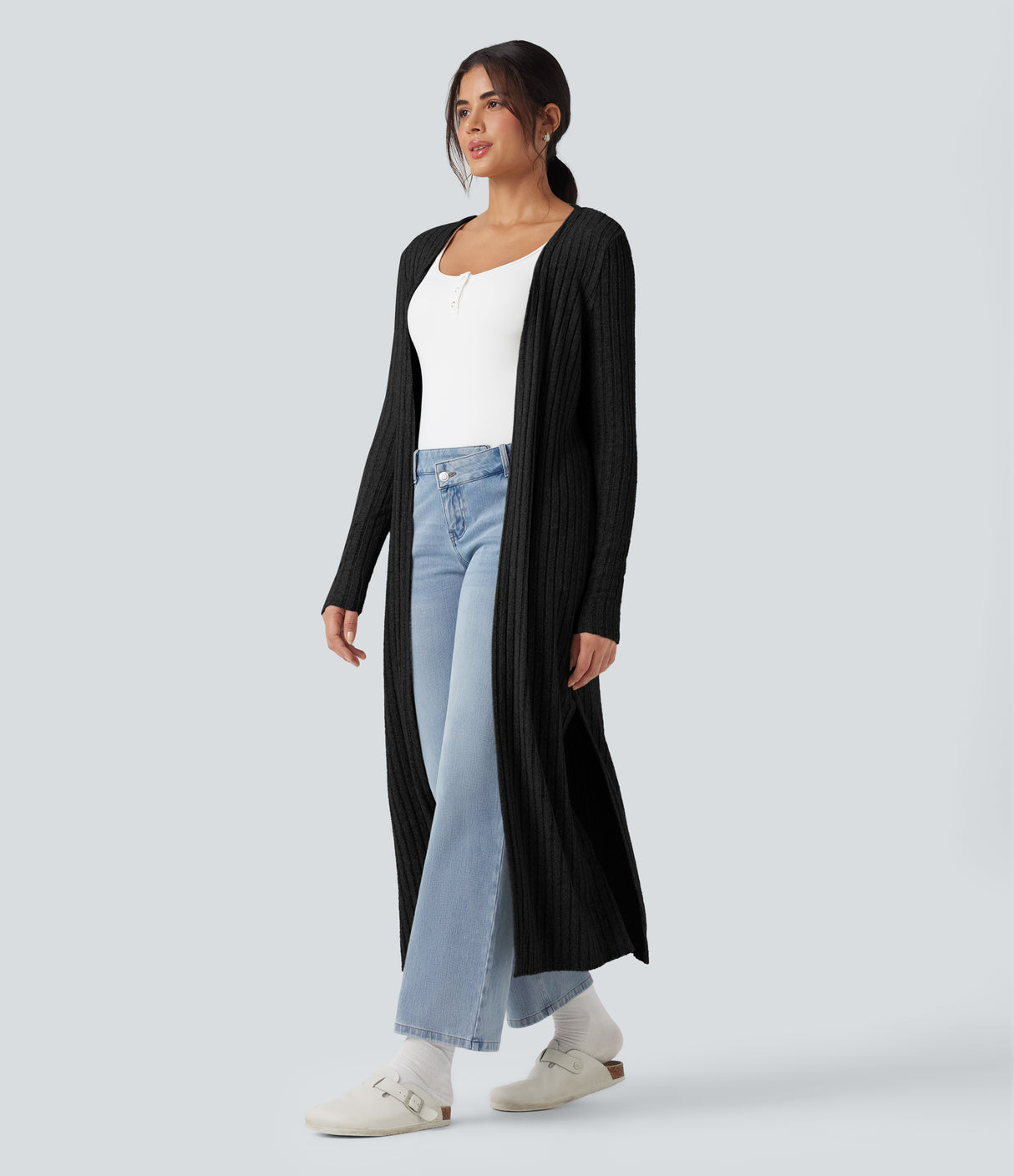 Ribbed Knit Long Sleeve Split Casual Longline Cardigan