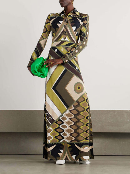Abstract Long-Sleeve Maxi Dress