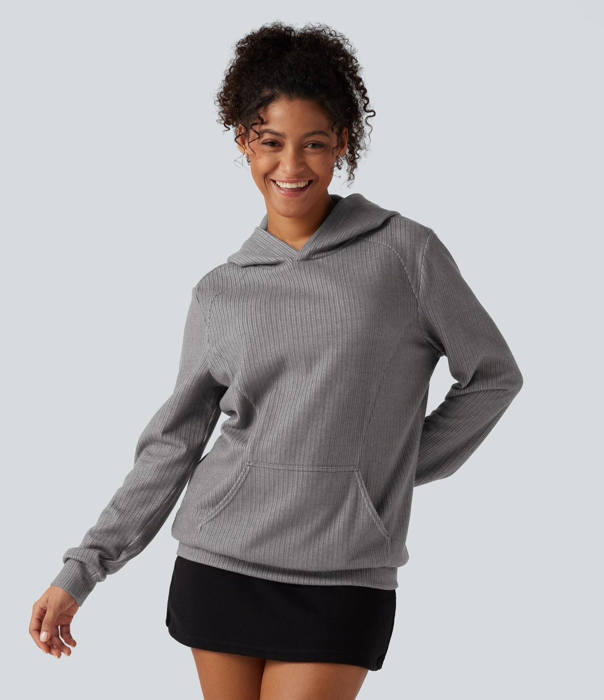 Ribbed Hooded Long Sleeve Casual Sweatshirt with Pocket