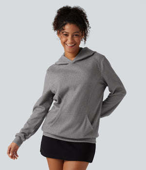 Ribbed Hooded Long Sleeve Casual Sweatshirt with Pocket