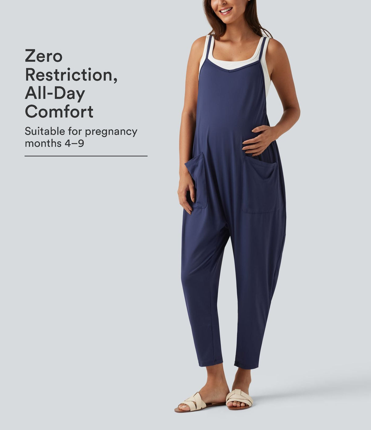 Square Neck Tapered Casual Maternity Jumpsuit with Pockets