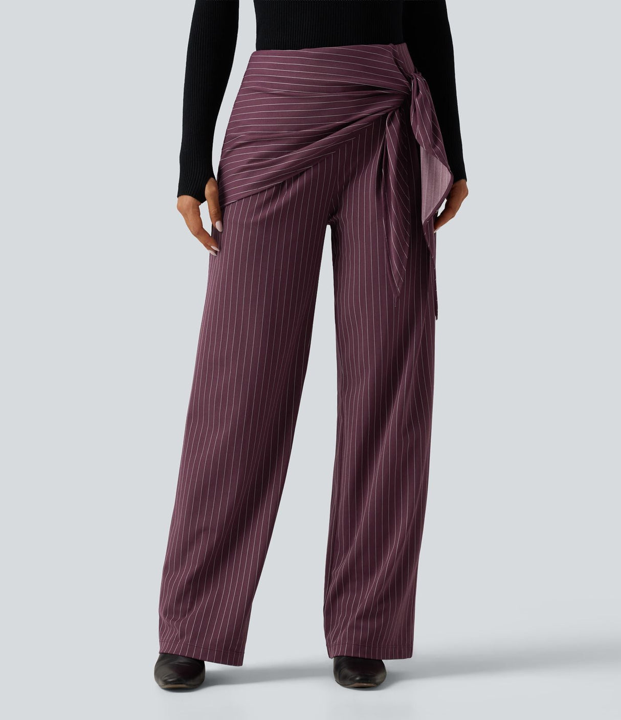 High Waisted Wide Leg Stripe Work Pants with Pockets