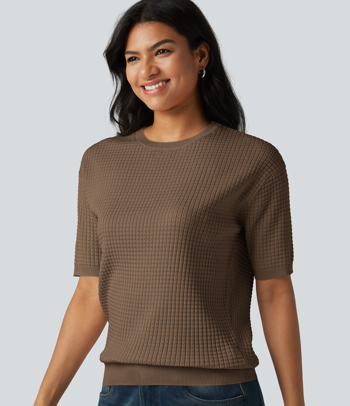 Round Neck Short Sleeve Waffle Casual Sweater