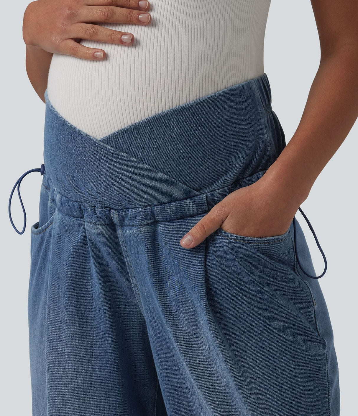 Crossover High Waisted Maternity Baggy Jeans with Pockets