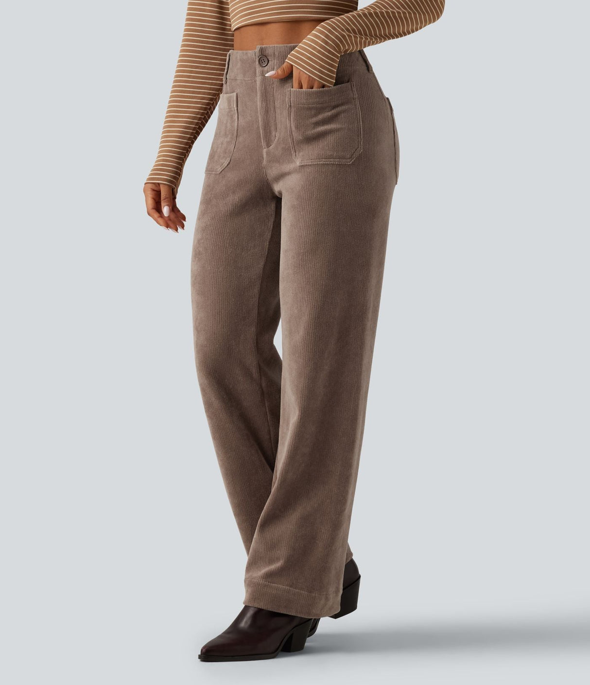 High Waisted Straight Leg Corduroy Pants with Pockets
