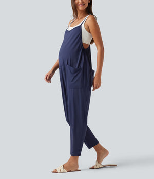 Square Neck Tapered Casual Maternity Jumpsuit with Pockets