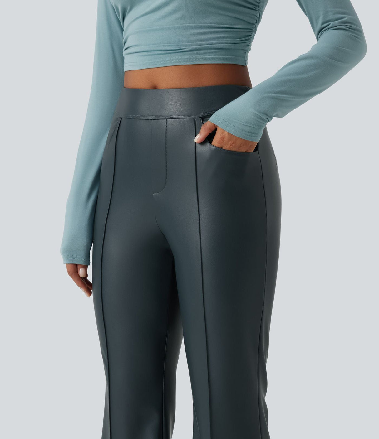 Mid Rise Stretchy PU Fleece Bootcut Pants with Pockets