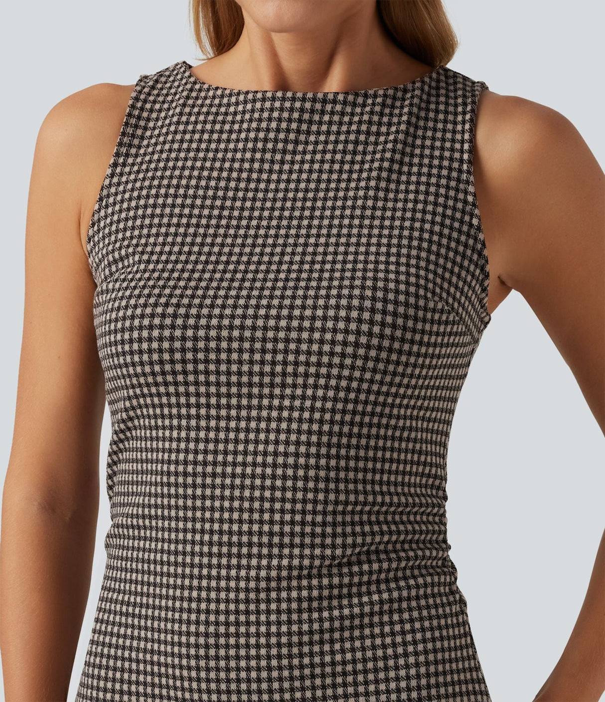Boat Neck Sleeveless Gingham Casual Mini Dress with Pockets