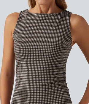 Boat Neck Sleeveless Gingham Casual Mini Dress with Pockets