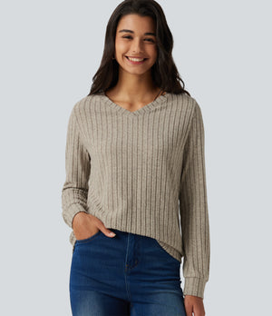 Ribbed Knit V Neck Tee