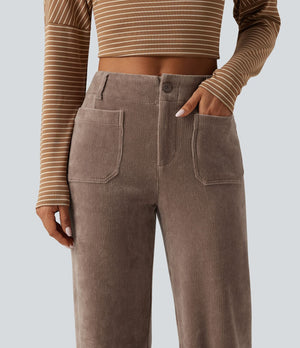 High Waisted Straight Leg Corduroy Pants with Pockets