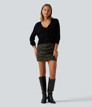 High Waisted Ruched Leopard Print Corduroy Mini Skirt