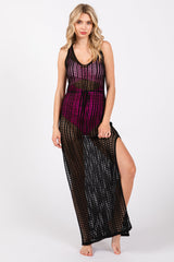 Serena Black Crochet V-Neck Side Slit Maternity Swimwear Cover Up Dress