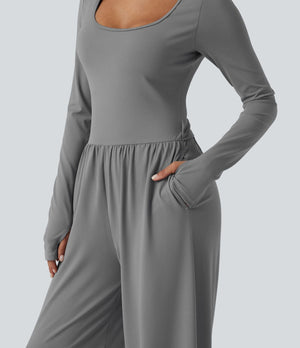 U Neck Long Sleeve Thumb Hole Wide Leg Jumpsuit