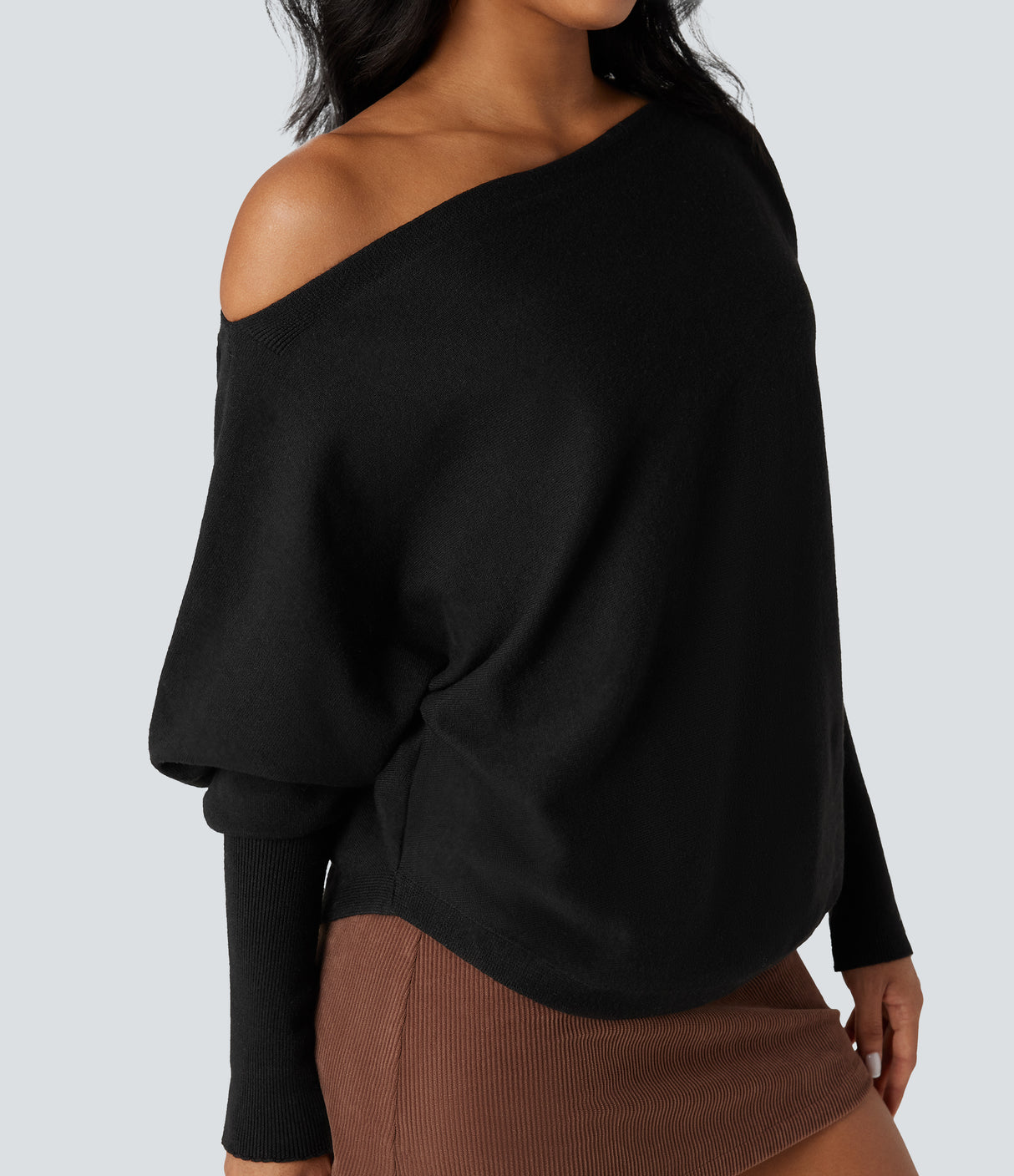 One-shoulder Batwing Sleeve Curved Hem Work Sweater