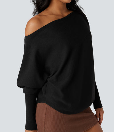 One-shoulder Batwing Sleeve Curved Hem Work Sweater