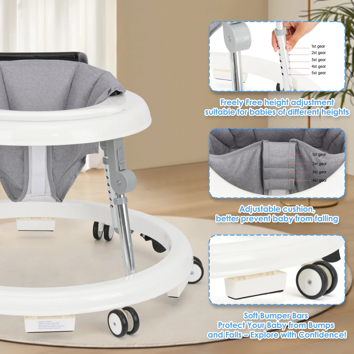 NuriBloom Wilma Baby Walker – Foldable Adjustable Infant Walker with Activity Tray