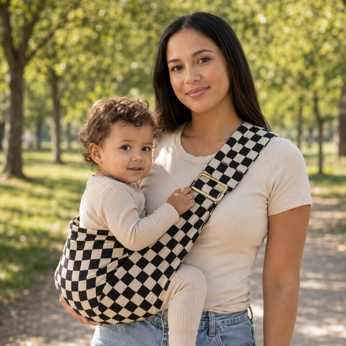 NuriBloom Devora ergonomic baby carrier worn by mother with newborn indoors