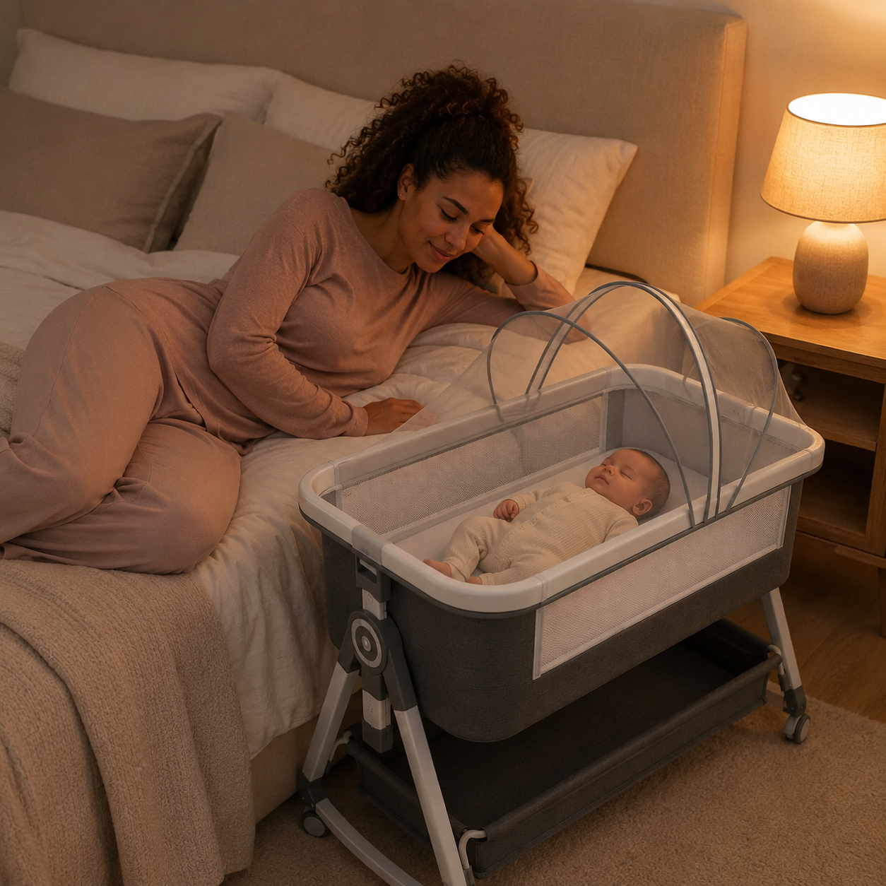 Mother carrying sleeping newborn in NuriBloom Devora ergonomic carrier outdoors