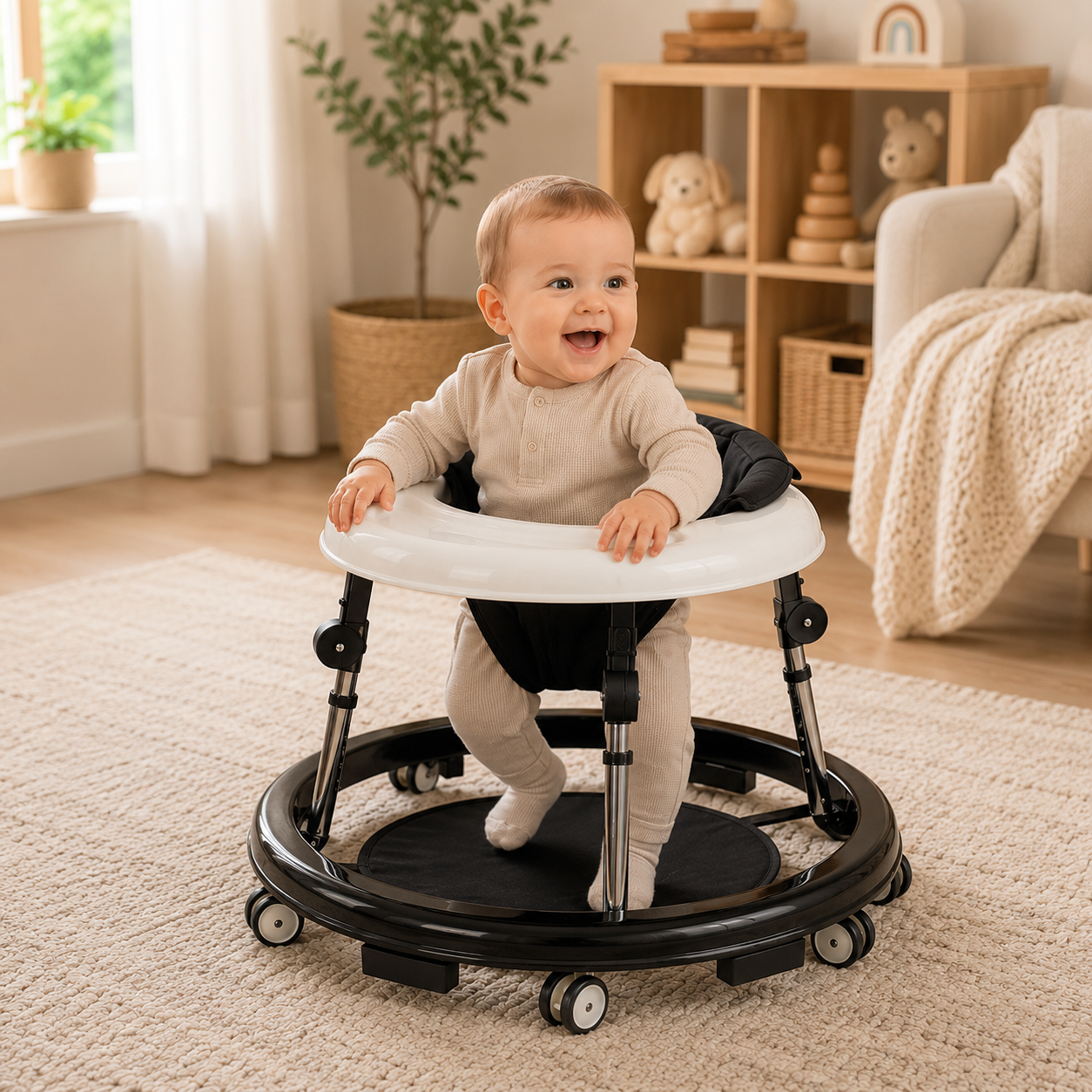 NuriBloom Wilma Baby Walker – Foldable Adjustable Infant Walker with Activity Tray