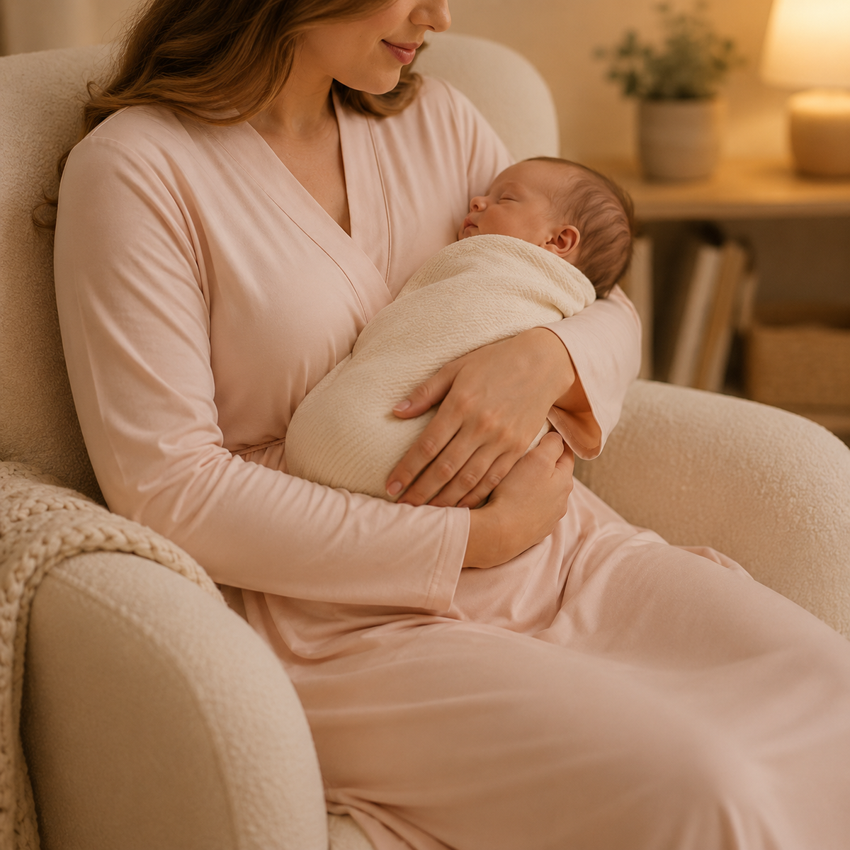 NuriBloom Devora ergonomic baby carrier worn by mother with newborn indoors