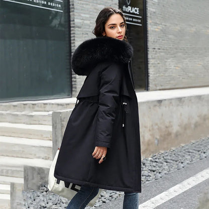 Fur-Trim Button-Front Hooded Coat