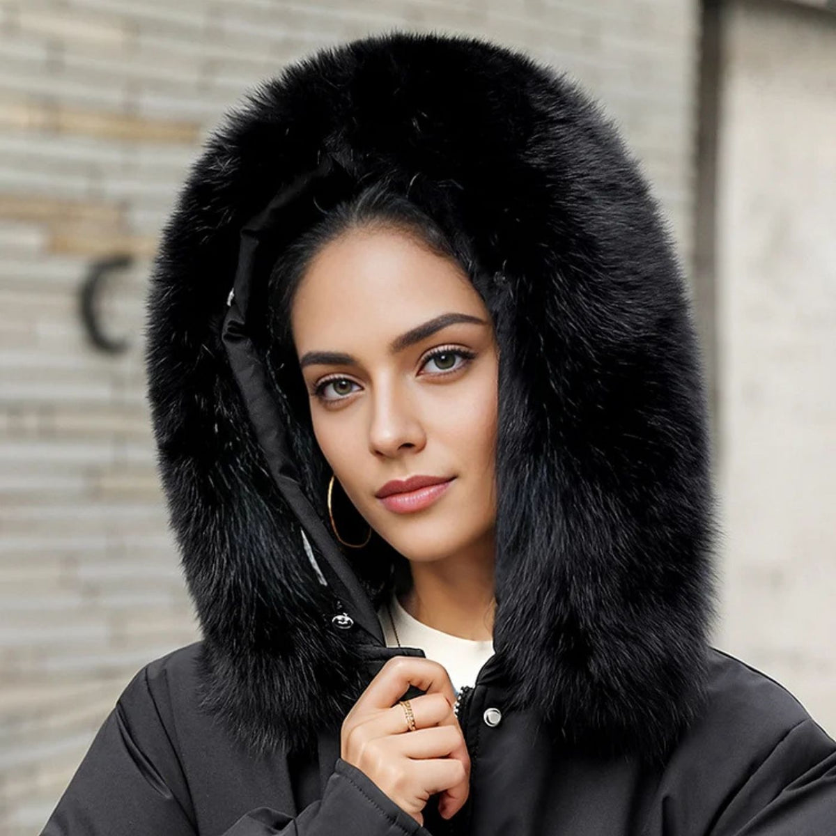 Fur-Trim Button-Front Hooded Coat