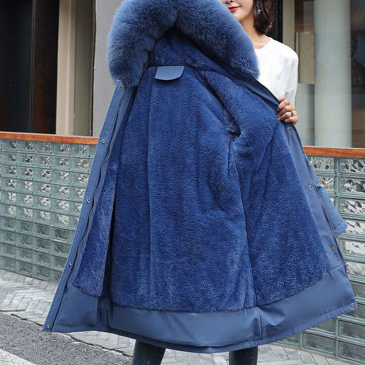Fur-Trim Button-Front Hooded Coat