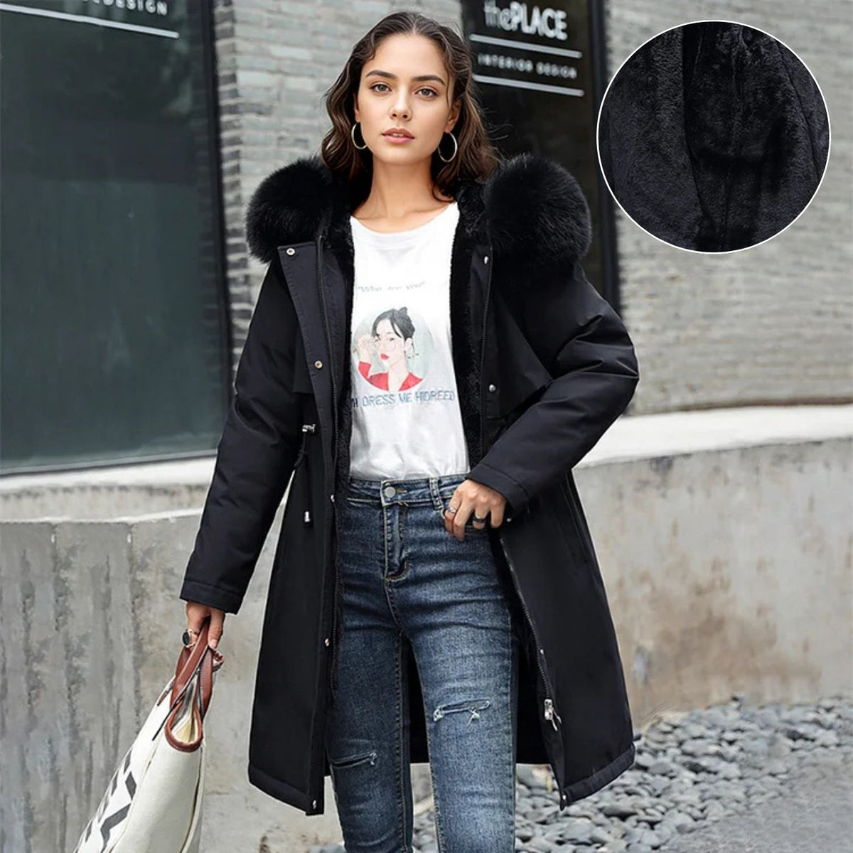 Fur-Trim Button-Front Hooded Coat