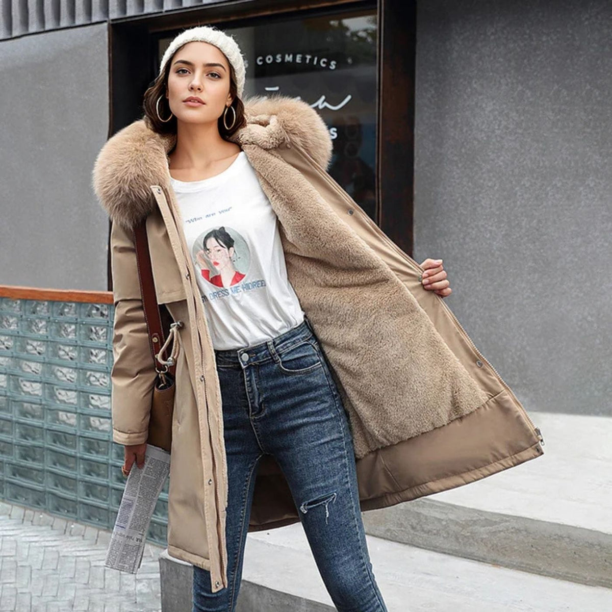 Fur-Trim Button-Front Hooded Coat